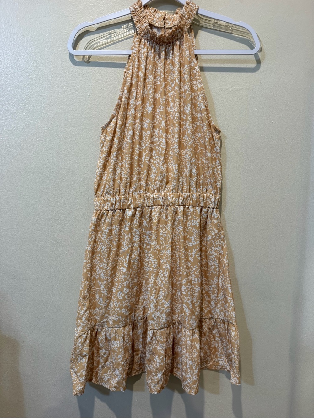 Floral Halter Mini Dress in Light Tan and White